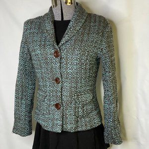 J. Jill 3 Button Womens Collared Blazer Jacket Size 4 Brown Blue Tweed Career